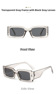 Close-up of translucent grey square sunglasses with thick temples and dark lenses