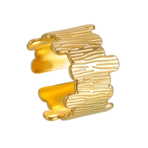 Detailed view of golden stainless steel open ring with unique tree bark texture finish