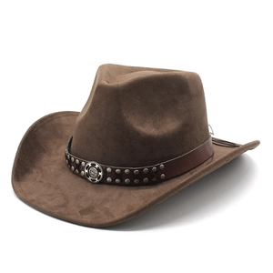 Western Cowboy Hat Suede Felt Wide Brim Ethnic Style Leather Band Rivets Retro Jazz Hat For Men And Women
