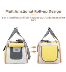 Detail showing the pet carrier's roll-up window and breathable side mesh for ventilation