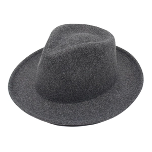 Detailed view of the dark grey wool felt fedora hat featuring a classic curled short brim