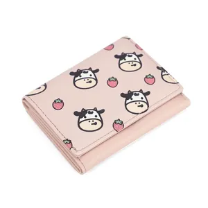 Pink trifold mini wallet with cute cow and strawberry print in durable PU leather