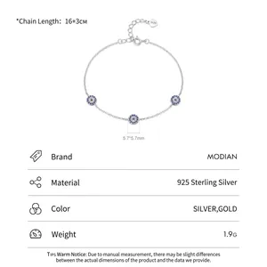 S925 Sterling Silver Blue Evil Eye Bracelet with adjustable chain and three charms