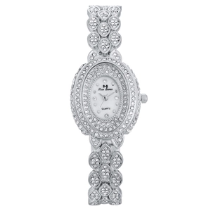 Luxury silver-tone women's quartz watch with full crystal pavé on round dial and bracelet