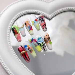 Artistic coffin-shaped nail stickers with hand-painted portraits and leopard patterns