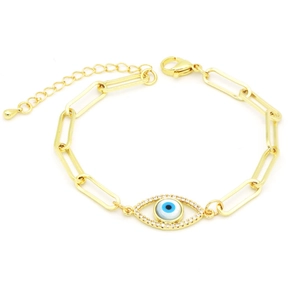 Gold evil eye paperclip bracelet with pavé cubic zirconia and adjustable chain link