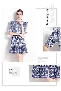 Detail of blue and white porcelain print dress showing puffed sleeves and V-neckline