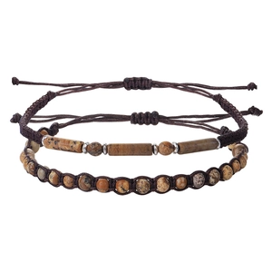 Detail of adjustable woven stone bracelet set featuring tiger eye and cylindrical beads