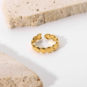 Bague ouverte en acier inoxydable plaqué or 18k avec design de chaîne à cœur 3D pour femme