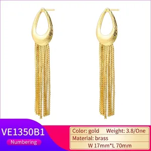 Elegant gold-tone geometric teardrop tassel earrings made of brass, 17mm wide and 70mm long
