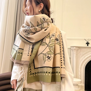 Floral Print Imitation Cashmere Scarf Shawl Large Warm Retro Jacquard Wrap With Tassel For Women Winter Elegant