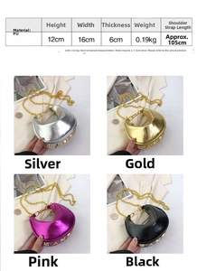 Detail view of four metallic half-moon bags in silver, gold, pink and black with chain straps