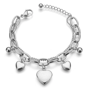 Double-layered stainless steel bracelet with heart pendants and adjustable lobster clasp