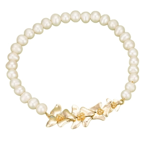 Elegant 18K gold plated flower necklace featuring white pearls and floral branch pendants
