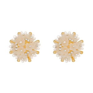 18K gold plated flower cluster earrings with white petals, pearls and zircons on white backdrop