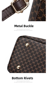 Detail of golden snap hook and protective bottom rivets on brown monogram bag