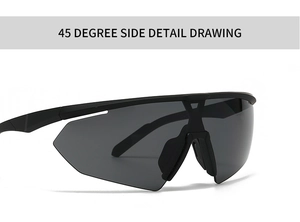 Side view of matte black pilot sunglasses with wide wrap-around shield lenses