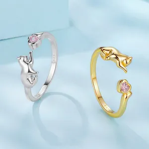 S925 sterling silver cat open ring with pink heart zircon in silver and gold finish
