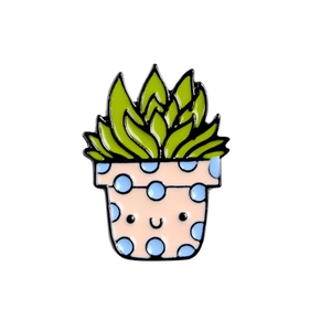Cute cartoon cactus enamel pin badge with pink polka dot pot for student accessories