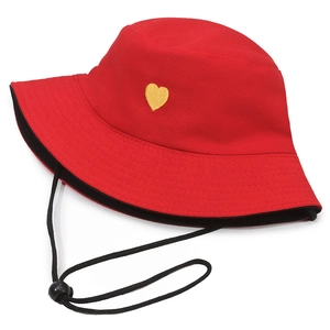 Outdoor red bucket hat with yellow heart embroidery and adjustable black windproof strap
