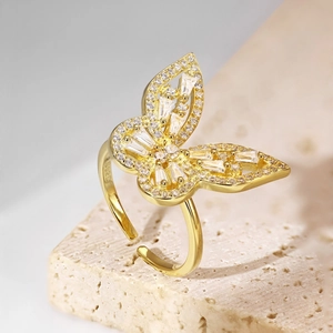 S925 sterling silver butterfly ring in gold with sparkling cubic zirconia crystals