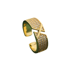 Crossed X-shape gold plated adjustable open ring with sparkling cubic zirconia pavé