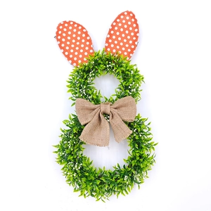 Easter Bunny Wreath Simulation Green Leaves Orange Polka Dot Ears Burlap Bow Spring Front Door Wall Hanging Decor