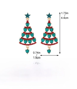 Detail view of colorful rhinestone Christmas tree earrings with precise size measurements