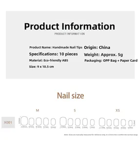 Detailed size guide chart for handmade press-on nails with XS, S, M measurements
