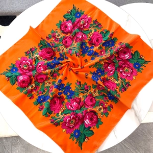 Vintage floral cotton linen square scarf with Russian folk style rose patterns