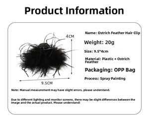 Ostrich feather claw clip size chart showing dimensions 9.5x4cm and black plastic material