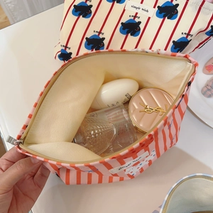 Trousse à maquillage rayée en coton avec motif lapin et grand espace de rangement