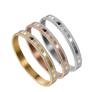 Minimalist Roman numeral 18K gold plated bangle set with small diamonds in three colors