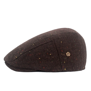 Detailed side view of brown herringbone wool blend flat cap with colorful flecked texture