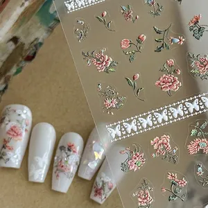 Autocollants nail art 3D en relief avec fleurs brodées et motifs papillon blancs