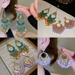 Bohemian Tassel Drop Earrings For Women Geometric Round Alloy Rhinestone Crystal With 925 Sterling Silver Earring Post