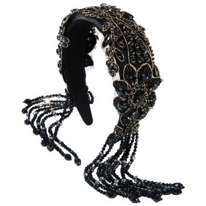 Baroque style headband with black beads, gold embroidery and hanging tassels
