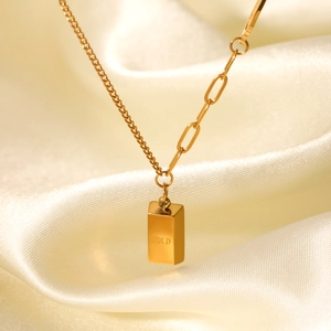 Asymmetric Chain Necklace With Gold Bar Pendant Stainless Steel Gold Plated Engraved Jewelry For Women