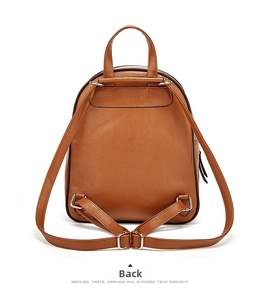 Rear view of brown litchi grain leather backpack with adjustable straps and gold hardware