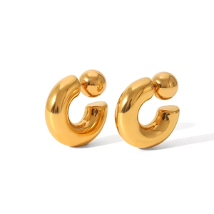 Detailed view of polished hollow C-shape earrings with spherical stud backs in gold finish