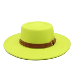 Neon yellow wide brim wool felt fedora hat with double brown leather straps and buckles