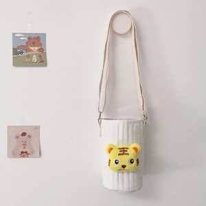 Quilted fabric water bottle bag with cute embroidered tiger and adjustable strap