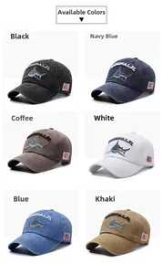 Vue détaillée de casquettes de baseball en coton délavé en six couleurs avec broderie requin