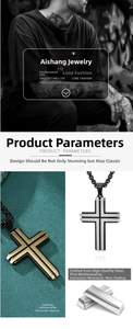 Macro detail of polished gold and black stainless steel cross pendant with beveled edges