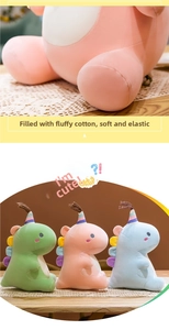 Close-up of dinosaur plush toys showing soft down cotton filling and elastic texture