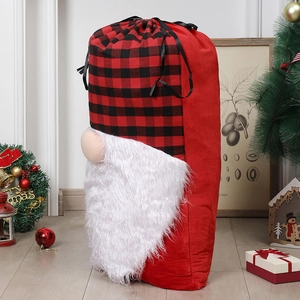 Extra large Christmas gnome gift bag with red black plaid pattern and white plush beard