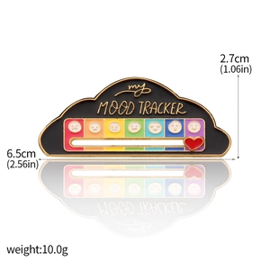 Detail view of my mood tracker enamel pin with rainbow colors and sliding heart