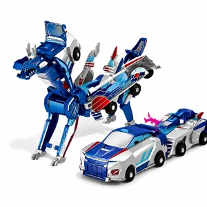 Vista dettagliata del giocattolo trasformabile 2-in-1 drago meccanico blu e auto da corsa