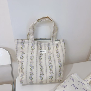 Floral canvas tote bag with purple flower pattern and simple wish label