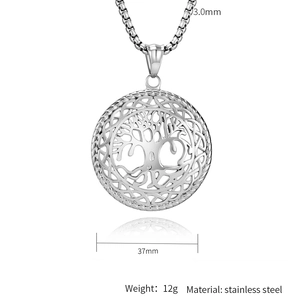 Detailed specs showing a 37mm silver Tree of Life pendant with 3.0mm stainless steel chain